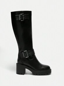 CUCCOO GRLICON Damen Y2K Punk Stil Overknee Stiefel, geeignet für Motorrad, coole Mädchen, Halloween, Weihnachten, Party Outfits - Schwarz - Übersicht 3