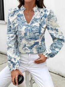 Chiquease Blouse met lange mouwen, ingekerfde v-hals en ruches met volledige print