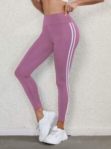 Eassivo Eassivo 女士高腰条纹紧身裤，休闲日常健身瑜伽裤 - 藕粉色 - 查看 2