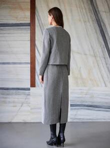 GENKIRA 2pcs Women Vintage  Tweed Jacket With Crystal Embellishment And Long Skirt Set, Autumn/Winter Fall Cloth For Women - Grey - View 2