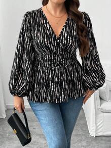 Flirla Áo peplum tay dài cổ chữ V in họa tiết cỡ lớn cho nữ - màu đen - Xem 5