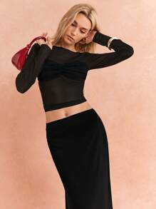 Poéselle 2 件套女士黑色透视裙两件套褶皱胸上衣和低腰裙优雅套装派对女士套装休闲纯色圆领长袖上衣和 A 字裙套装万圣节服装秋季女装 - 黑色 - 查看 3