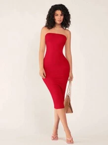 SHEIN BASICS 女士露肩修身紧身休闲晚礼服，舒适别致，新年 - 紅色 - 查看 6