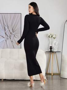 Modelyn 女士优雅纯色纽扣装饰紧身针织毛衣连衣裙，秋冬 - 黑色 - 查看 2