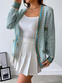Celure Áo len cardigan dệt kim ngắn cổ chữ V in họa tiết kẻ caro cỡ lớn, dành cho mùa đông, áo len cardigan móc - Nhiều màu - Xem 3