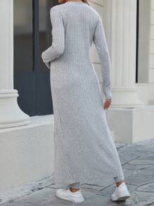 SHEIN 2pcs/Set Maternity Ribbed Fabric High Slit Long Top And Long Pants Set - Grey - View 2