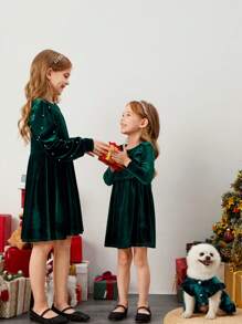 Dziewczęca sukienka świąteczna w jednolitym kolorze, z okrągłym dekoltem i perłowymi zdobieniami, z długim rękawem i nadrukiem