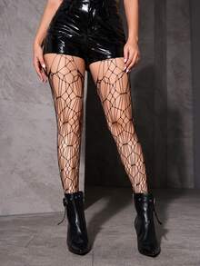 SHEIN ICON 1 双女士可爱、性感、基本款蜘蛛网透明大腿高筒袜，适合休闲、夜店、派对 - 黑色 - 查看 3