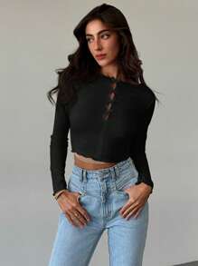 Aloruh 1 bucată tricou de damă alb cu mânecă lungă, decupată, cu volană, cu fundă, în față, cu tiv despicat, pentru întâlniri romantice