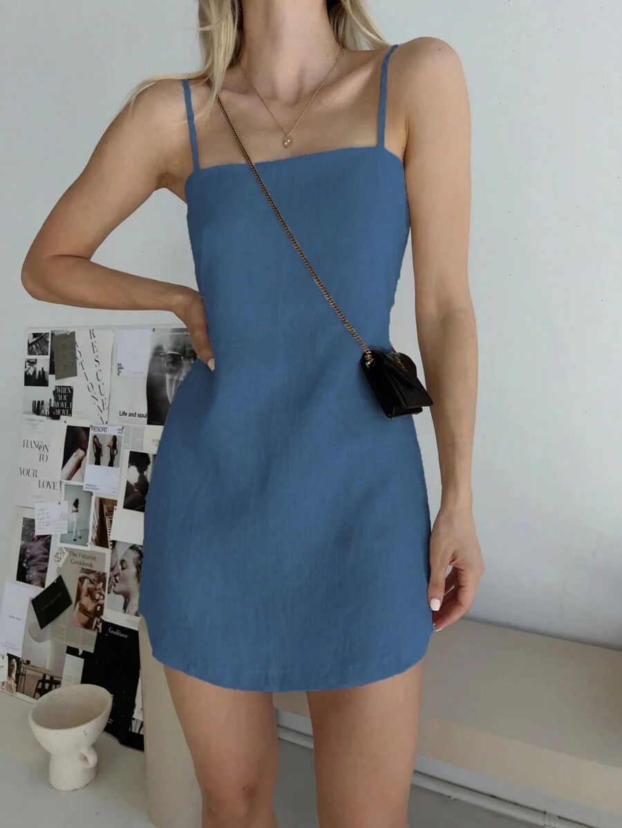 INAWLY 1 件女式纯色休闲吊带迷你连衣裙 - 藍色 - 查看 1