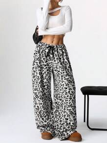 SHEIN EZwear 秋冬季休闲羊毛豹纹系带宽松裤 - 灰色 - 查看 3
