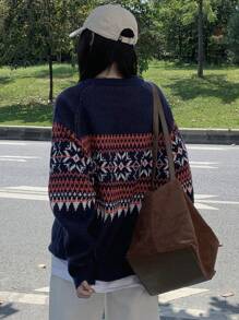DAZY 圣诞复古图案提花针织宽松圆领毛衣，适合女士、节日、秋季女装 - 藍色 - 查看 2