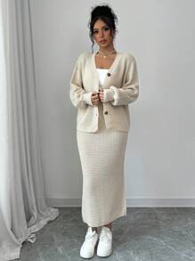 Elenzga 2pcs Set Casual Solid Color Lantern Sleeve Cardigan And Skirt, Autumn/Winter