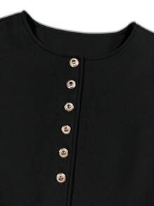 Franclia 女士纯色前扣优雅长袖短款开衫 - 黑色 - 查看 5