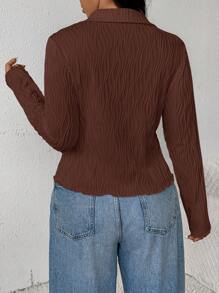 SHEIN Frenchy V-Neck Textured Plus Size Casual Fall Clothes T-Shirt, White - Coffee Brown - View 2