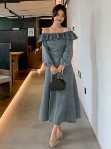 DAZY Women Elegant Off Shoulder Ruffle Top & Denim Skirt 2 Pieces Outfit, Suitable For Autumn