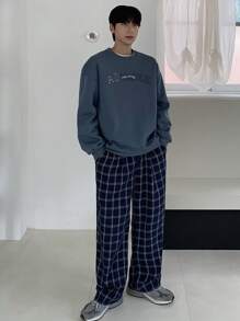 DAZY 1pc Men Navy Letter Print Fleece Pullover Sweatshirt, Autumn,Winter - Blue - View 6