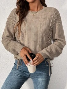 Chiquease 女士休闲纯色圆领落肩系带毛衣，适合秋冬季节，针织套头衫 - 駝色 - 查看 7