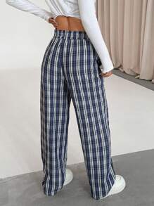 Flirla Women's Fashionable Loose Plaid Straight Leg Pants, Casual Wear