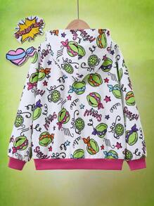 TEENAGE MUTANT NINJA TURTLES | SHEIN Tween Girl 1 件彩色卡通海龟和字母全身印花撞色罗纹拉链连帽运动衫，秋冬 - 白色 - 查看 2