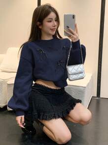 DAZY 女士休闲圆领长袖运动衫，蝴蝶结装饰，毛绒，秋季女装 - 藏蓝色 - 查看 5