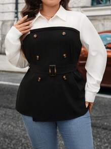 SHEIN Clasi Plus Size Women Contrast Color Lapel Long Sleeve Patchwork Elegant Work Shirt - Black and White - View 4