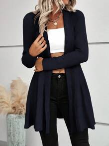 SHEIN LUNE 1 件女式纯色长袖长款休闲开衫，秋冬 - 藏蓝色 - 查看 6