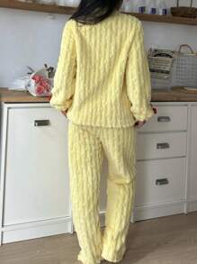 Women Cute 3D Cherry Decoration Fleece Pullover & Pants Pajama Set, Autumn Winter - Yellow - View 2