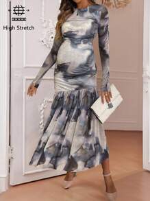 SHEIN Pregnant Women Elegant Tie-Dye Print Crew Neck Long Sleeve Ruffle Hem Maternity Dress, Autumn - Multicolor - View 3