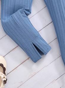 2 piezas Conjunto casual de top de cuello redondo y pantalones entallados de punto sólido para niñas jóvenes - Azul - Ver 4