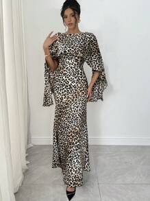 Chiquease Leopard Print Scoop Neck Dolman Sleeve Satin Dress Fall Cloth For Women - Khaki - View 6