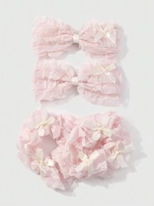 ROMWE Kawaii 4 件套精致、甜美、温柔的高品质粉色网状丝带蝴蝶结发夹组合，适合女孩、姐妹、日常佩戴、节日礼物 - 淺粉色 - 查看 1