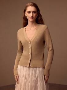 MOTF PREMIUM 蓬松拼接宽下摆开衫 - 卡其色 - 查看 9