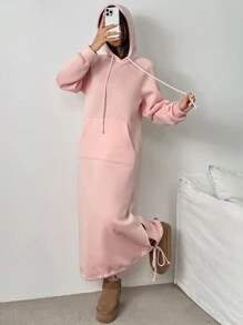 Chiquease Vestido tipo sudadera oversize con bolsillos, manga larga, diseño de abertura, forro esponjoso, estilo europeo casual, otoño/invierno