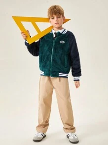 SHEIN Tween Boys' Casual Colorblock Ribbed Fleece Baseball Jacket, Autumn/Winter - Dark Green - View 4