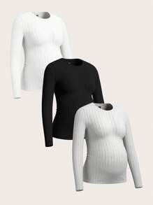 SHEIN Maternity 3pcs Ribbed Knit Long Sleeve T-Shirt Set, Autumn & Winter - White - View 3