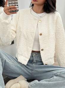 SHEIN EZwear 女式休闲纯色纹理短款夹克，秋季 - 杏色 - 查看 3