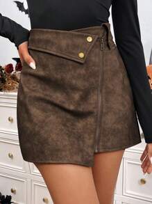 SHEIN LUNE 复古美式 PU 皮革 A 字迷你裙，高腰修身设计，适合娇小女性，适合秋冬季