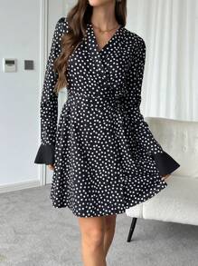 INAWLY Women's Casual V-Neck Polka Dot Print Mini Dress, Autumn