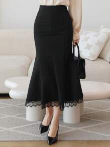 DAZY Lace Patchwork Fish Tail Skirt For Women,Ruffle,Fall Clothes Winter Women Skirts - Black - View 1