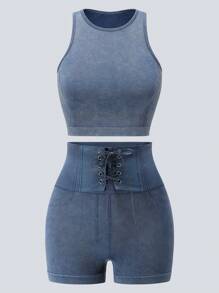 Women Shapewear Set,Seamless Denim Effect Soft Comfortable Camisole & High-Elastic Shaping Shorts,Skin-Friendly Summer Gym Outfits For Women,2pcs - Blue - View 6