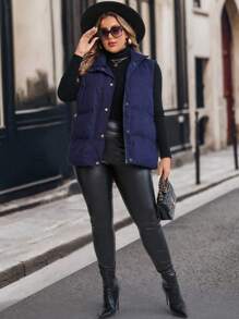 SHEIN Clasi 大码女式休闲前拉链无袖开衫，带口袋，冬季 - 藏蓝色 - 查看 4