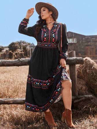 SHEIN VCAY Robe longue pour femmes grandes tailles, style mexicain, col en V, western, bohème, idéale pour les vacances. Robe à manches longues polyvalente pour l'automne/l'hiver