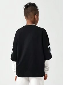 SHEIN Tween Boy Letter Print Stylish Crew Neck Casual Long Sleeve Mock Layered Sweatshirt - Black - View 2