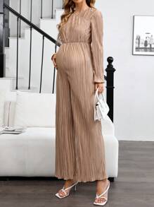 SHEIN Asymmetrical Neck Puff Sleeve Maternity Jumpsuit, Apricot Color - Khaki - View 1