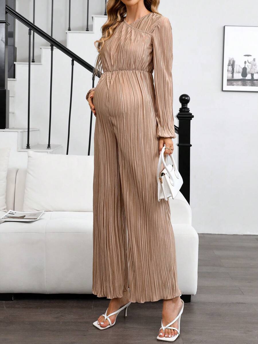 SHEIN Asymmetrical Neck Puff Sleeve Maternity Jumpsuit, Apricot Color - Khaki - View 1