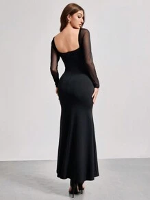 SHEIN Belle Elegante vestido de noche para mujer con mangas farol de malla, cuello cuadrado y bajo de cola de pez, vestido negro