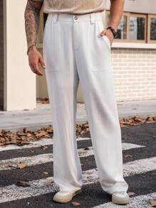 Manfinity VCAY 男士编织长款松紧腰直筒休闲裤，适合日常穿着 - 白色 - 查看 1