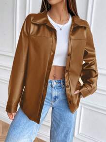 Flirla Women's PU Leather Jacket Autumn Long Sleeve Lapel Casual Street Fashion Faux Leather Black Coat