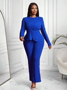 Slaydiva 优雅时尚大码女式两件套，长袖上衣和长裤套装 - 藍色 - 查看 12